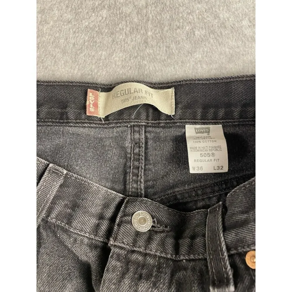 Levis 505 Jeans Adult 36x32 Black Denim Regular Fit Straight Leg Distressed